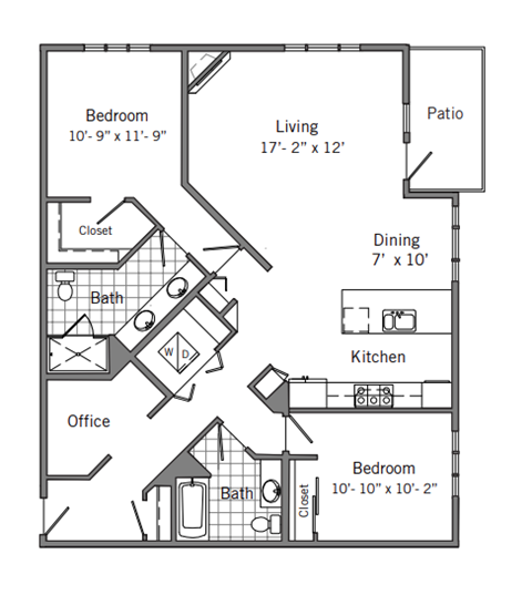 Floor plan for 2 beds, 2 baths, 1322 sqft